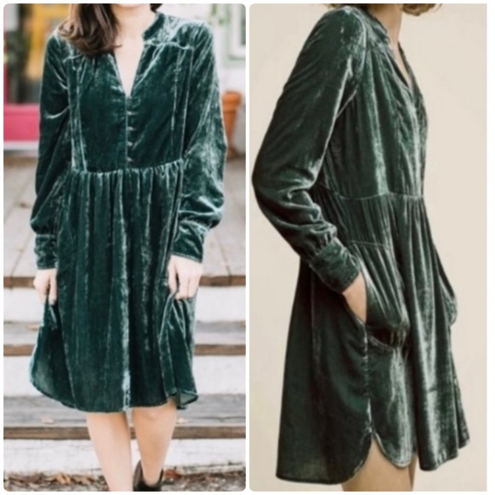 Anthropologie Forest Green Velvet Long-Sleeve Dress